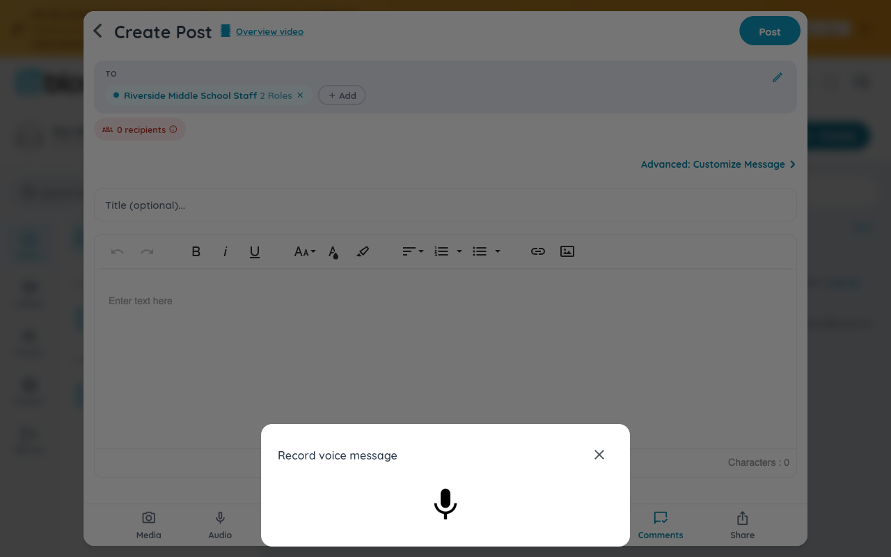 The Record voice message sheet open over the post composer, with a microphone button ready to start recording