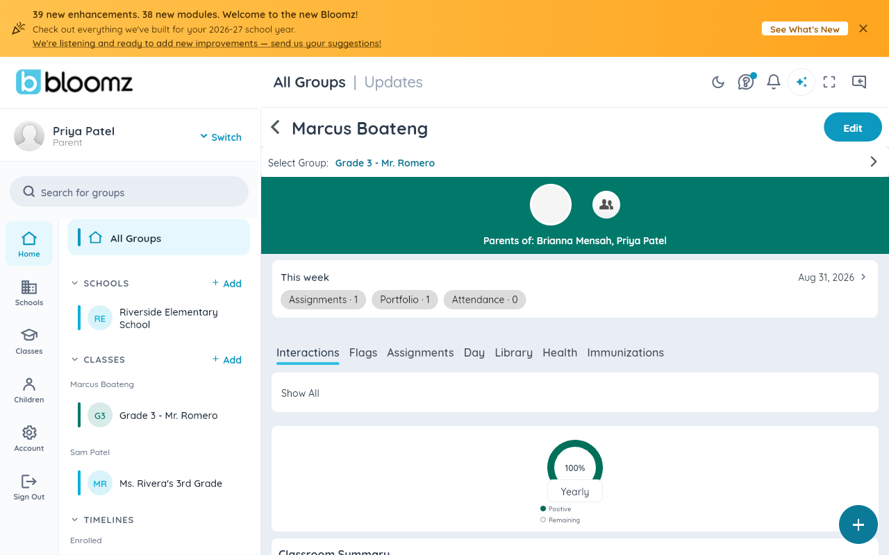 Marcus Boateng's profile page with the This week card marked, showing Assignments, Portfolio and Attendance chips and the week's date