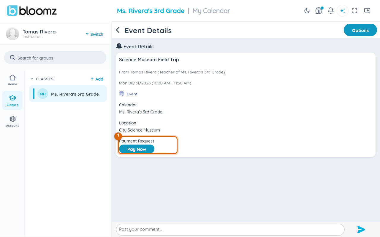 The published event detail screen with the Payment Request section marked
