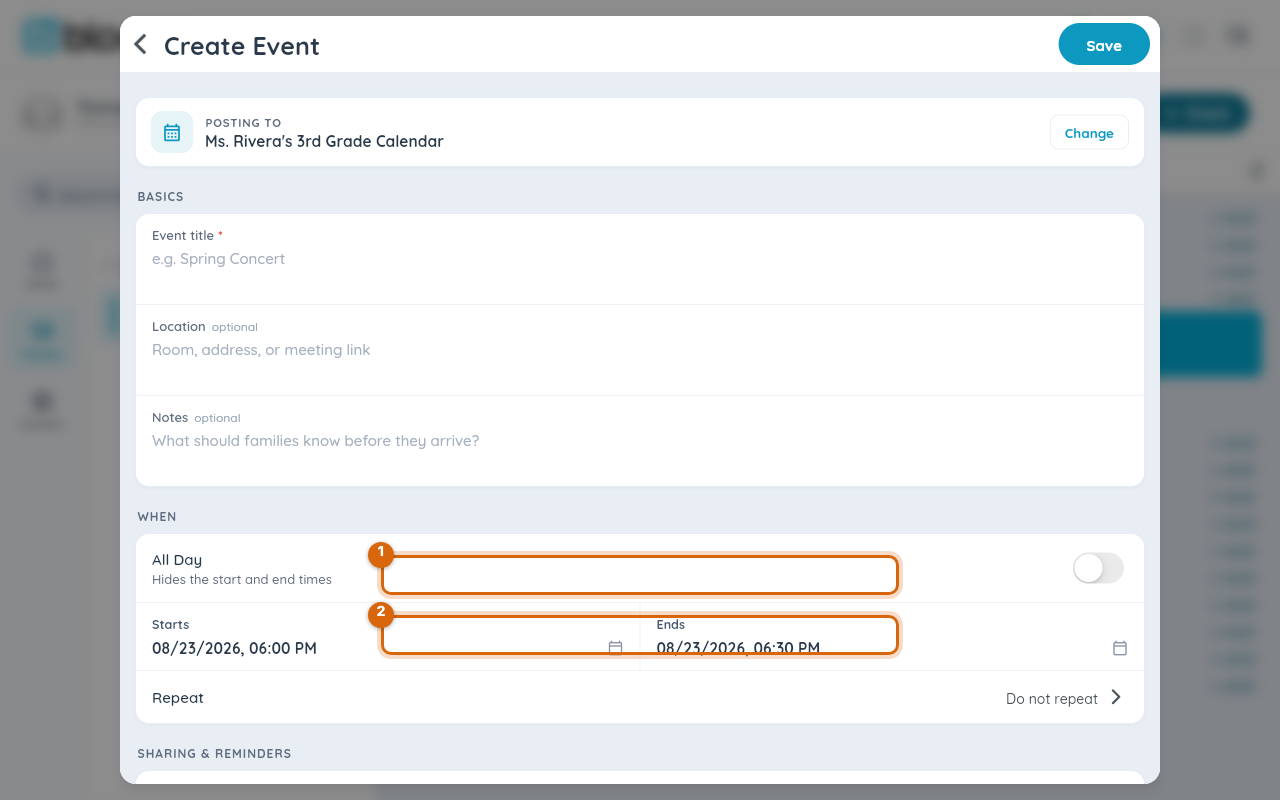 The event payment sheet with the title and amount fields marked