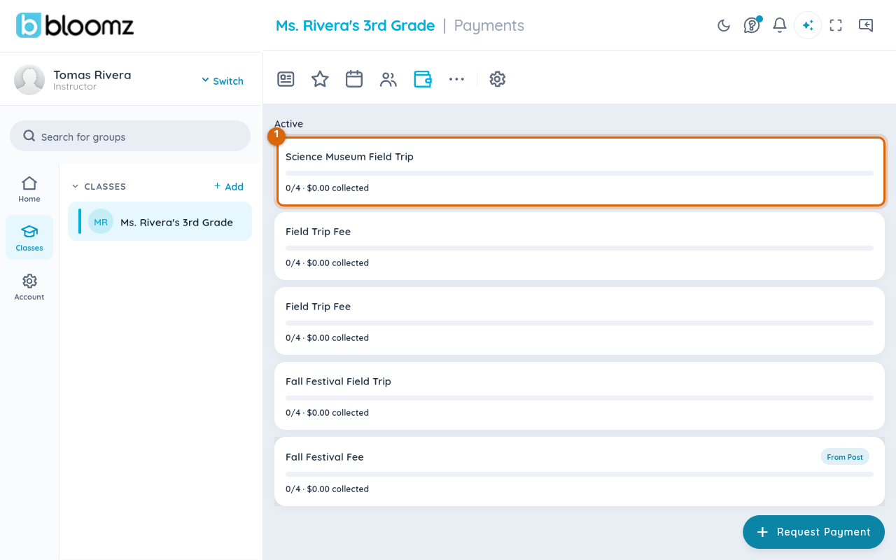 The class Payments panel tracking the event's payment request