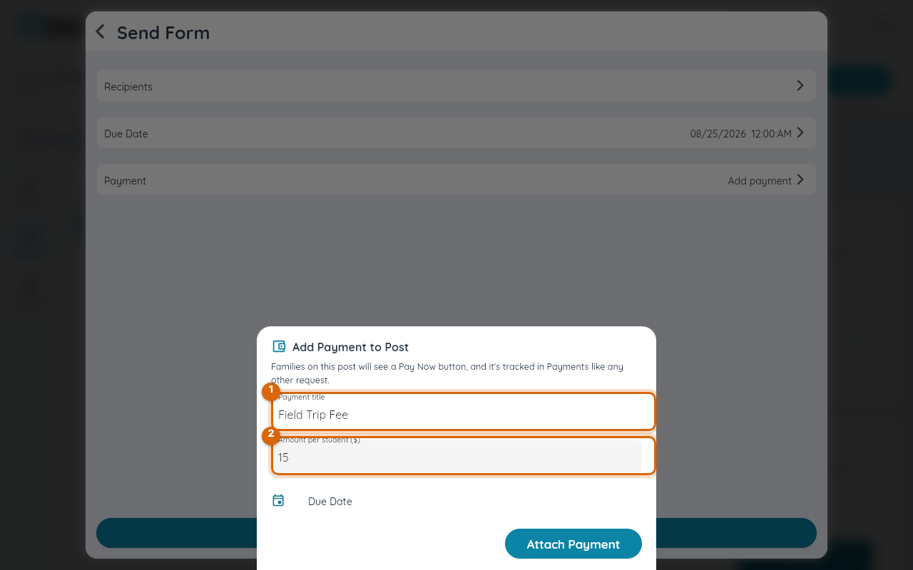 The Send Form screen's payment sheet with the title and amount fields marked