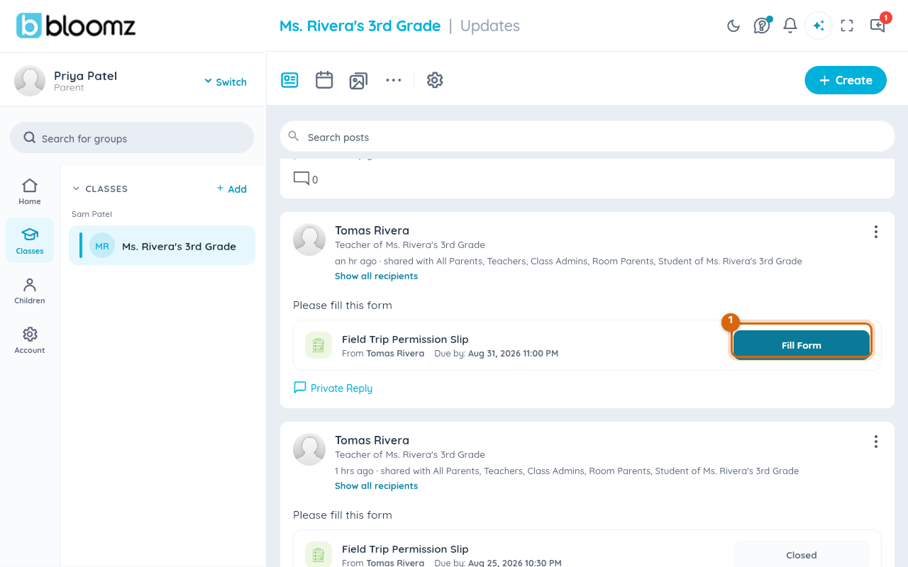 A family's feed showing the form post with its Fill Form button
