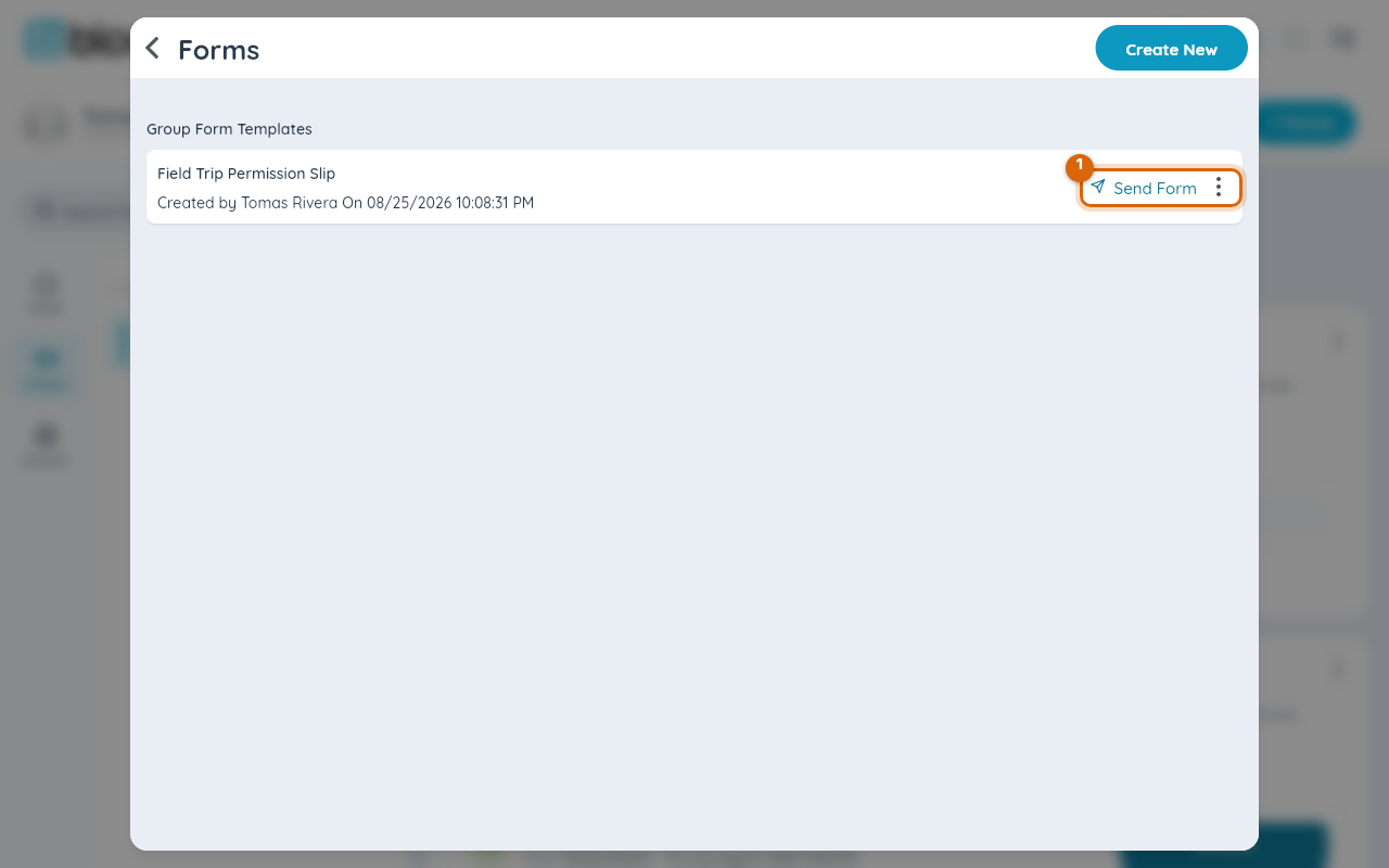 The forms list with a form's Send Form action marked