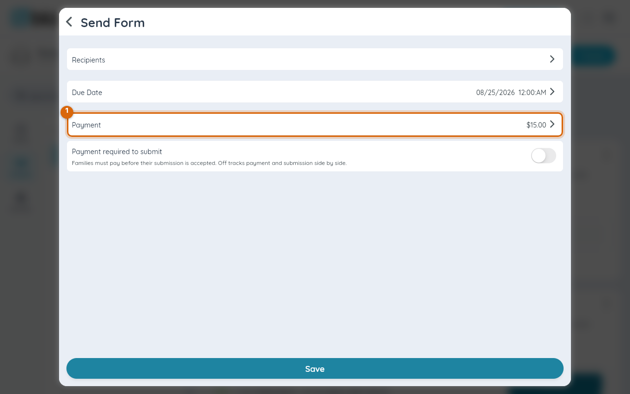 The Send Form screen with the payment attached, ready to save