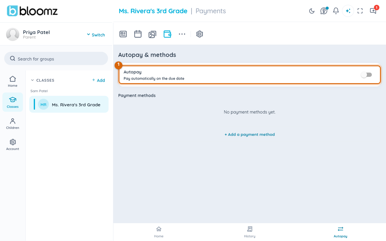 The autopay and saved payment methods screen in the Payments area