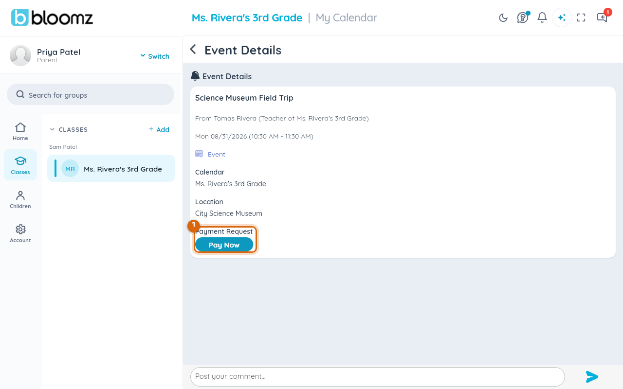 An event detail screen with the Payment Request section and Pay Now button marked