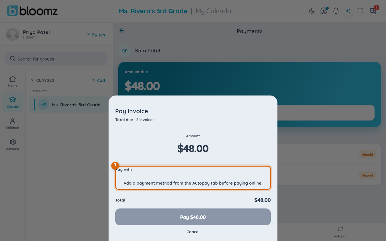 The pay sheet opened from an event's Pay Now button