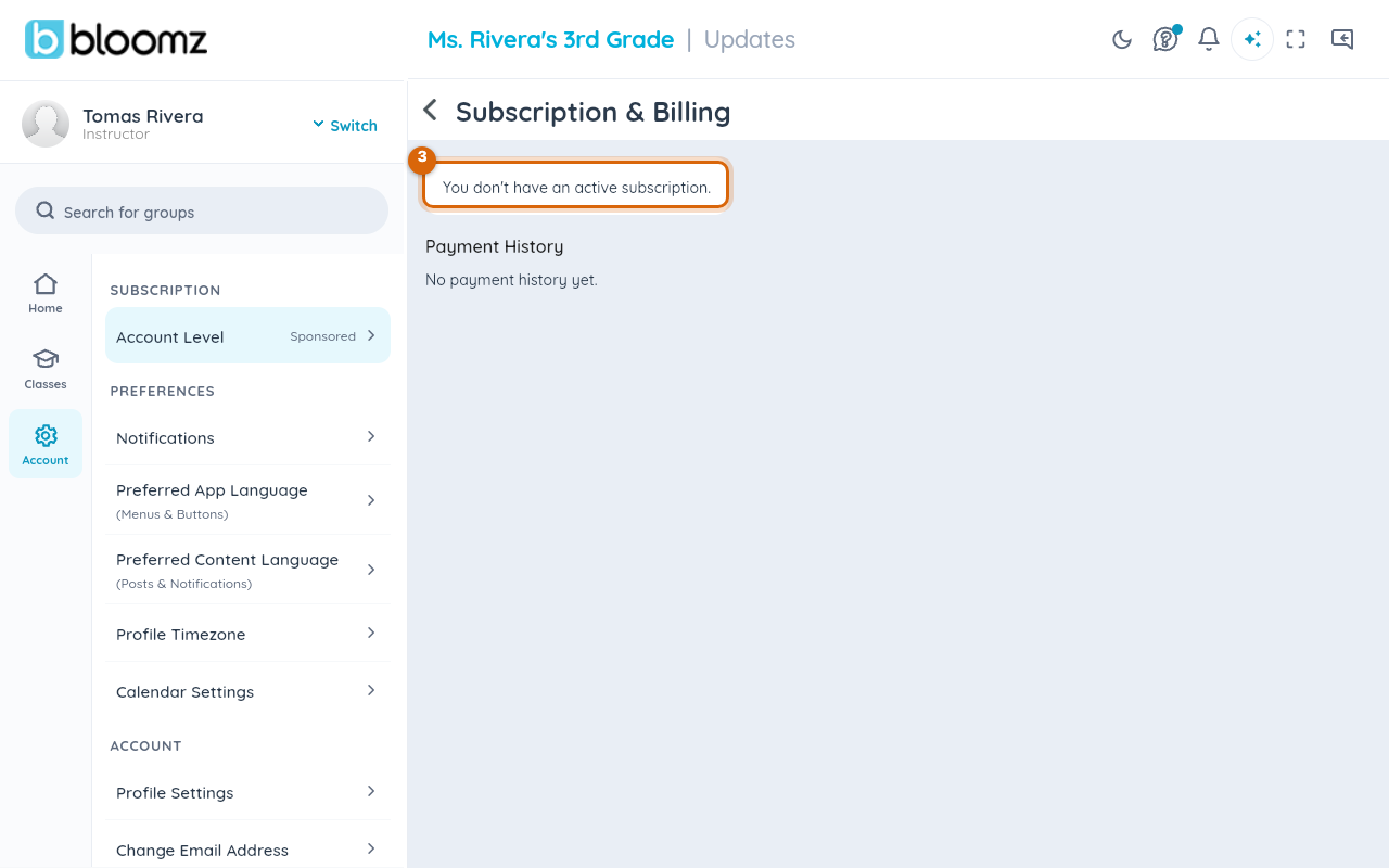 The Subscription & Billing screen with the subscription status marked