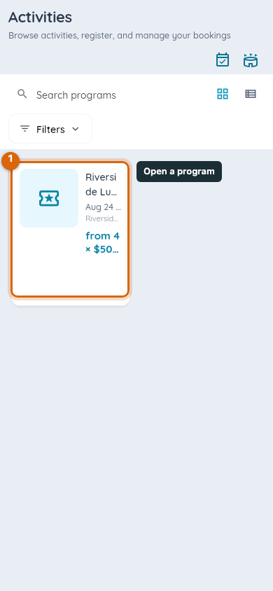 The Activities catalog on a phone, with a published program card marked