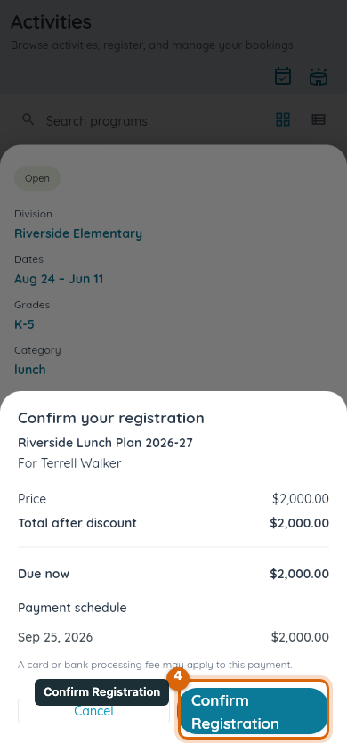 The confirm-registration screen showing the program, the child, and the amount due