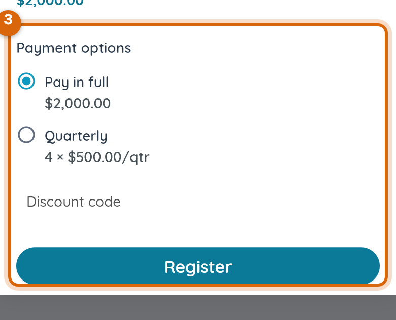 A program's registration screen with the payment options and a discount code field