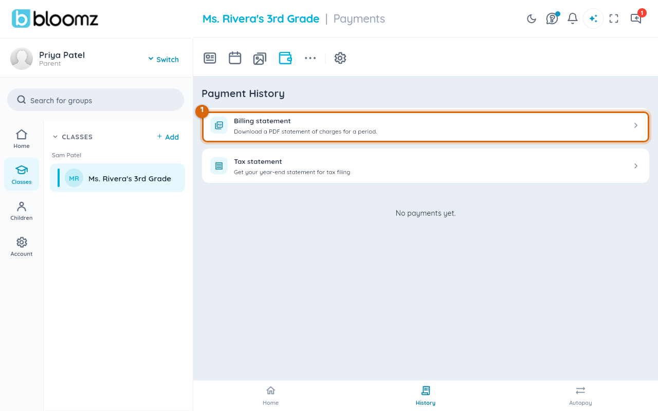 The Payments area with the History tab open