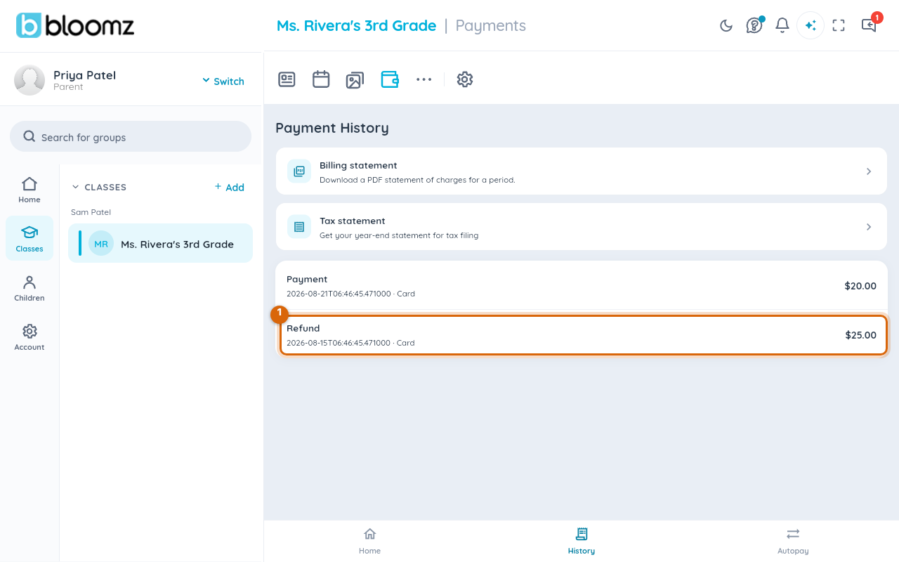 The payment history list with a refunded payment's Refund status marked