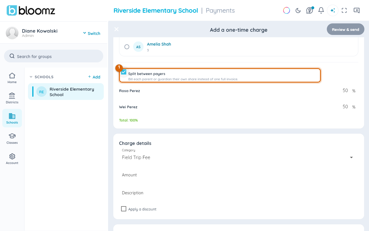 The school-side charge form with the split-between-payers section