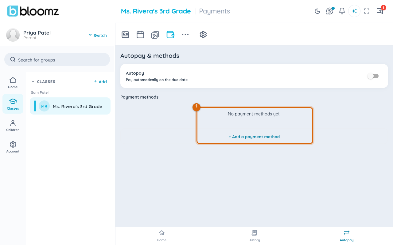 The Autopay tab with the payment methods section marked