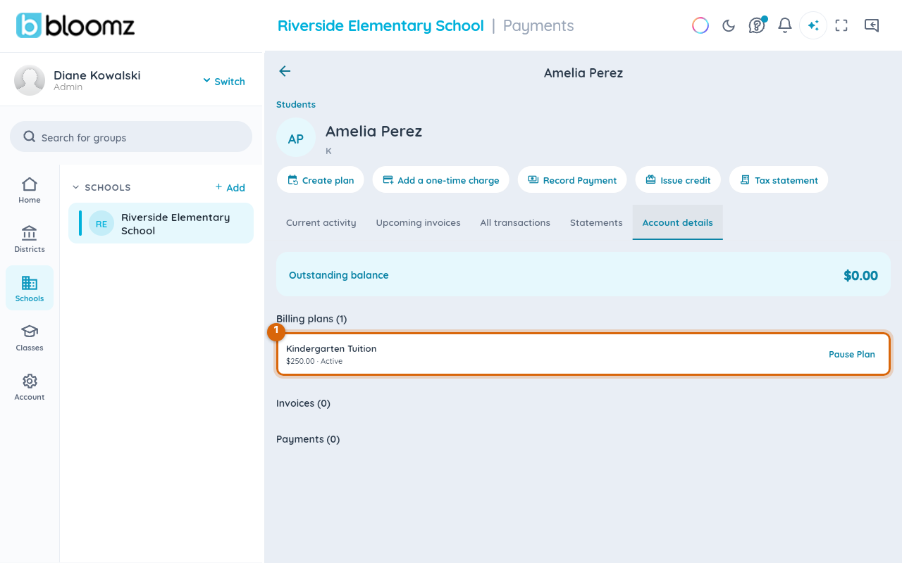 A student's account on the school side with an active tuition billing plan