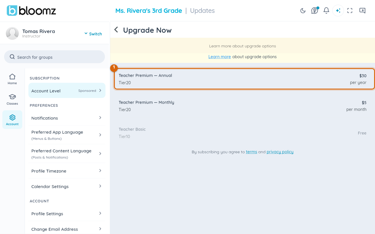 The plan comparison screen with monthly and annual options