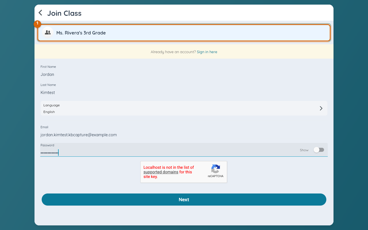 The Join Class account-setup form shown after a valid class code is entered, pre-filled with the confirmed class name