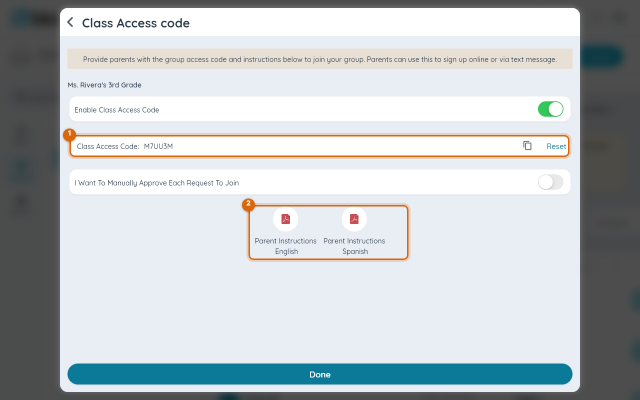 A class's Class Access Code screen, showing a live code and downloadable Parent Instructions the school can hand out