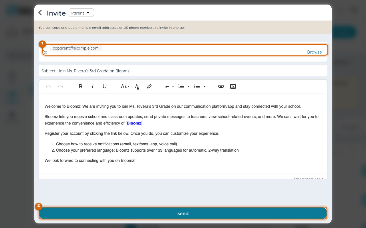 The Invite form with the guardian's email entered in the To field and the Send button marked
