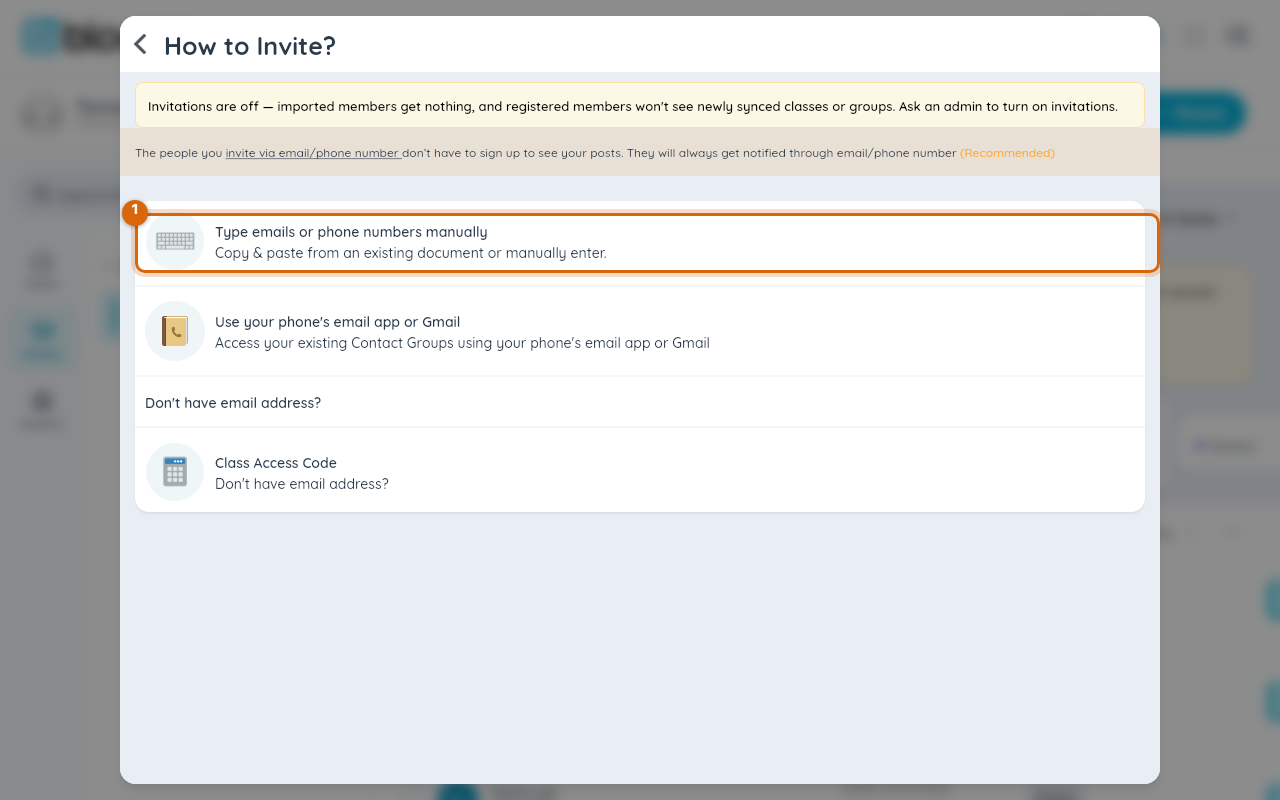 The How to Invite? chooser with "Type emails or phone numbers manually" marked