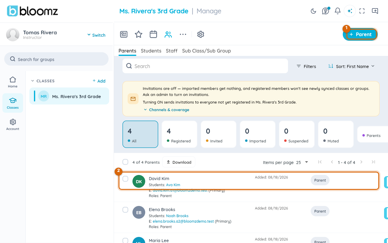 The class Manage screen, Parents tab, with the +Parent button marked alongside the existing guardians roster