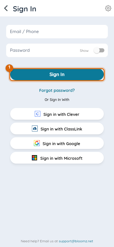 The Bloomz sign-in form on a phone, with the same email and password fields as the desktop site