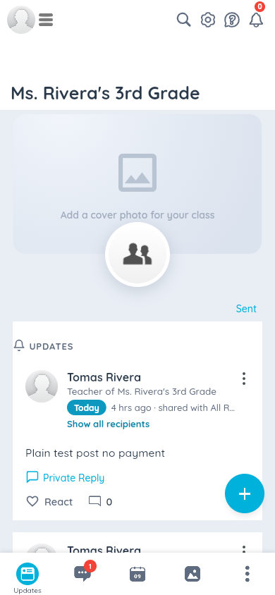 A parent's class feed on a phone's browser, matching the same classes and posts seen on the desktop site