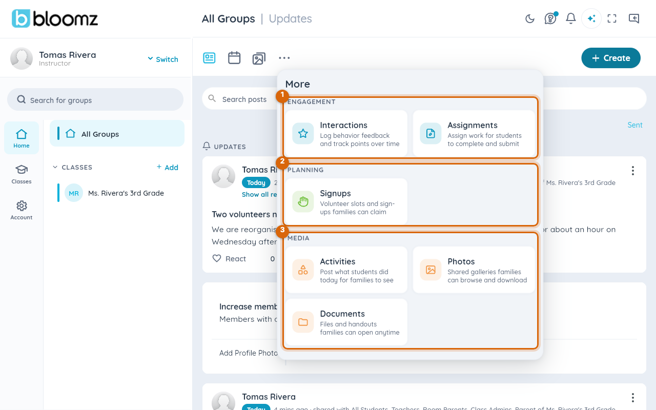 The More menu open, grouped into Engagement, Planning and Media