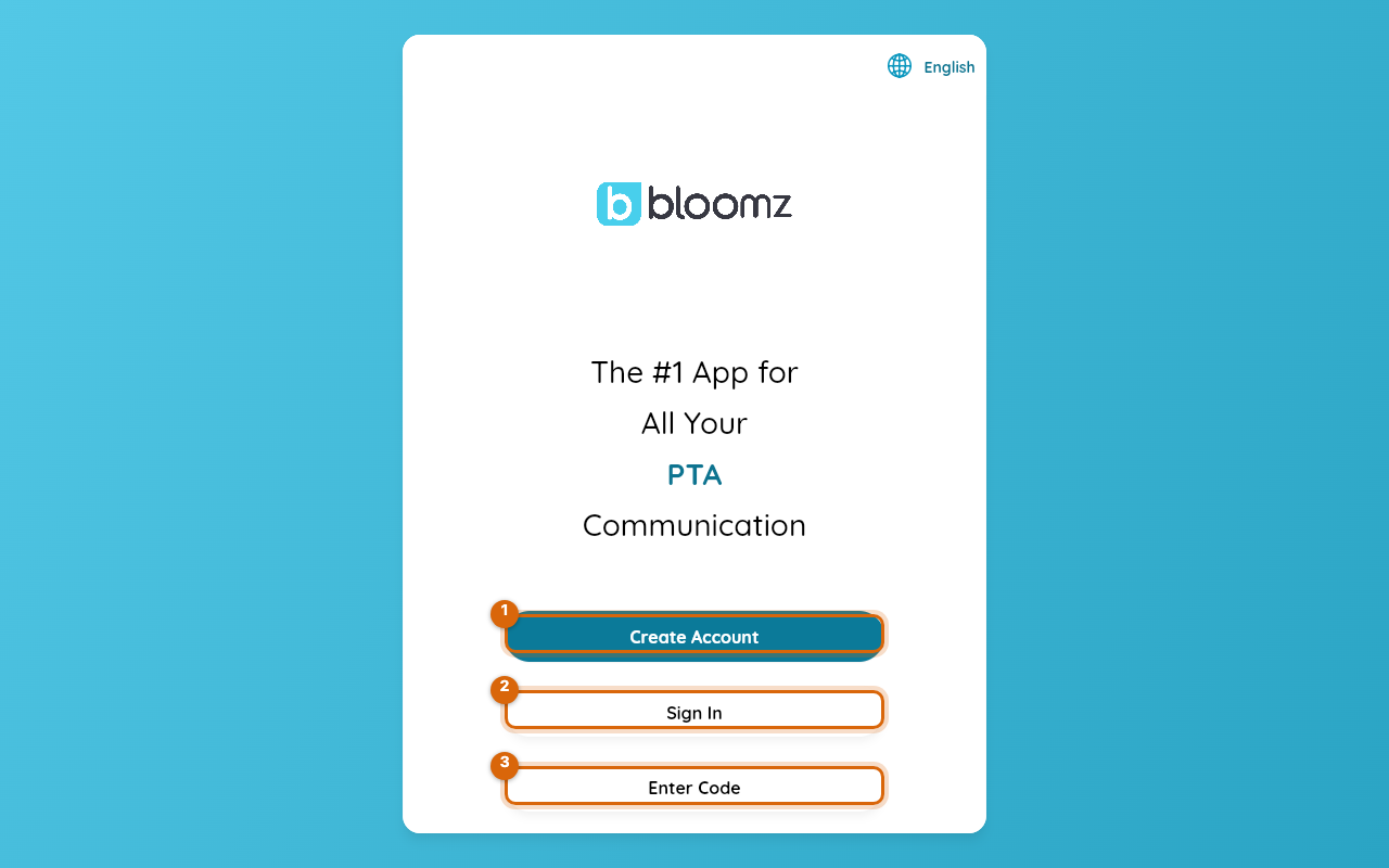 The welcome screen a signed-out visitor to the Bloomz app actually sees, with Create Account, Sign In and Enter Code