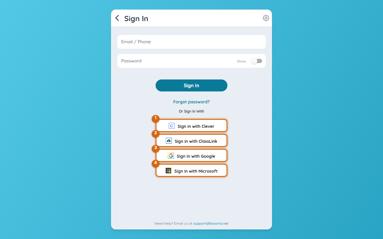 The Sign In screen with the Clever, ClassLink, Google and Microsoft sign-in options marked