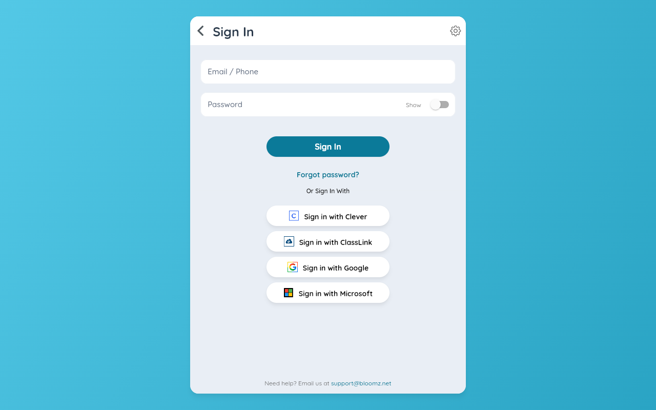 The Bloomz Sign In screen before choosing a sign-in provider