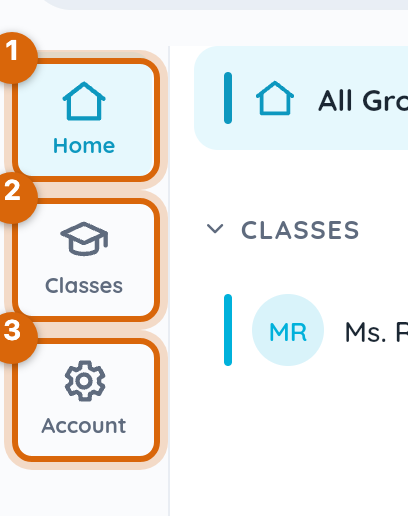 Close-up of the Bloomz left rail: Home, Classes and Account