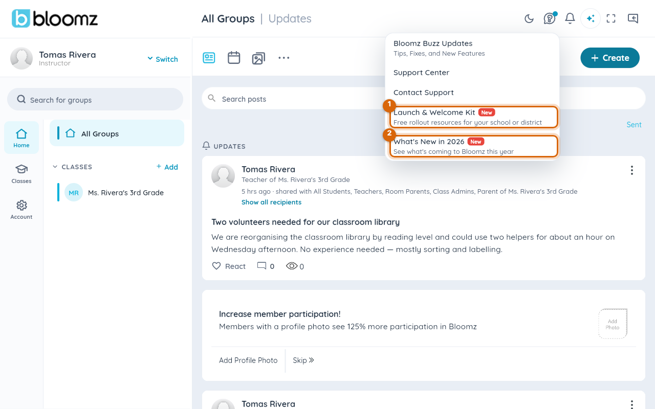 The Support menu open, with the What's New in 2026 and Launch & Welcome Kit links and their New tags marked