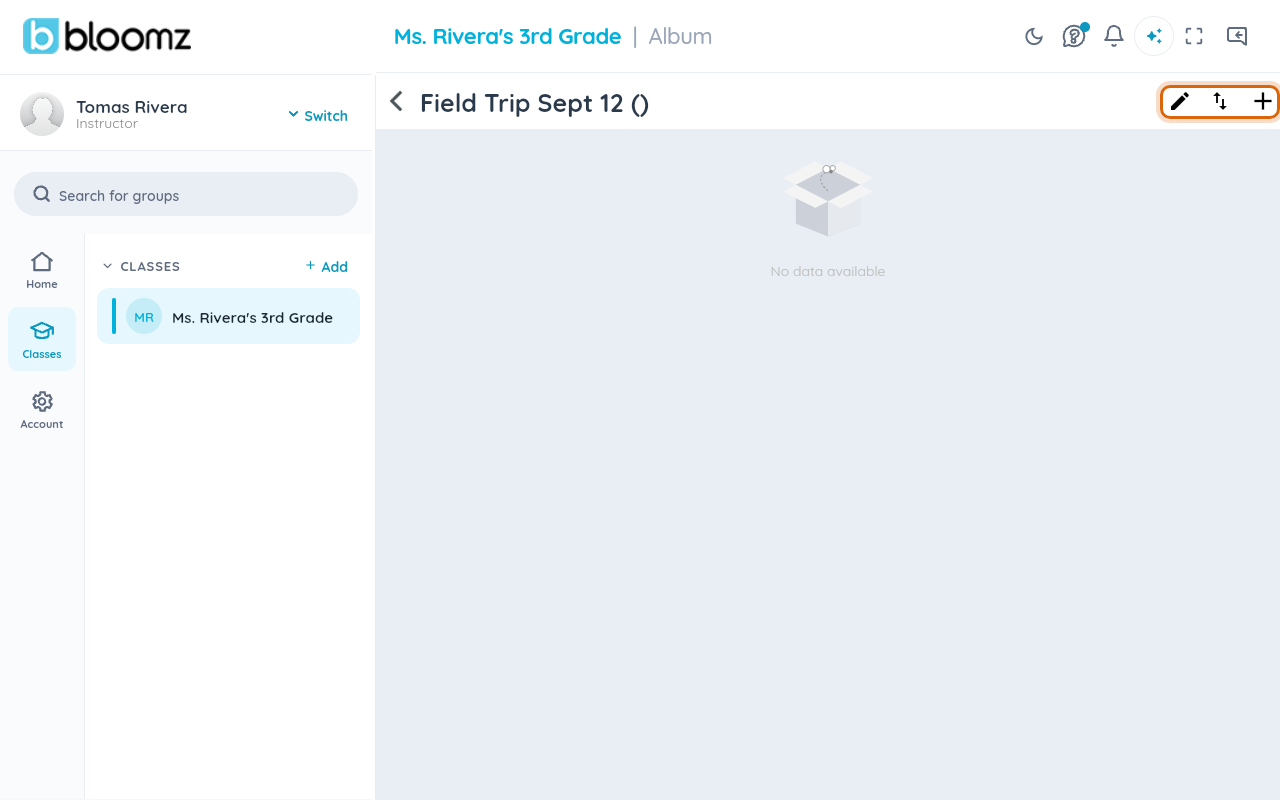 An open album (empty in this demo) showing its pencil, reorder and add-media icons in the toolbar