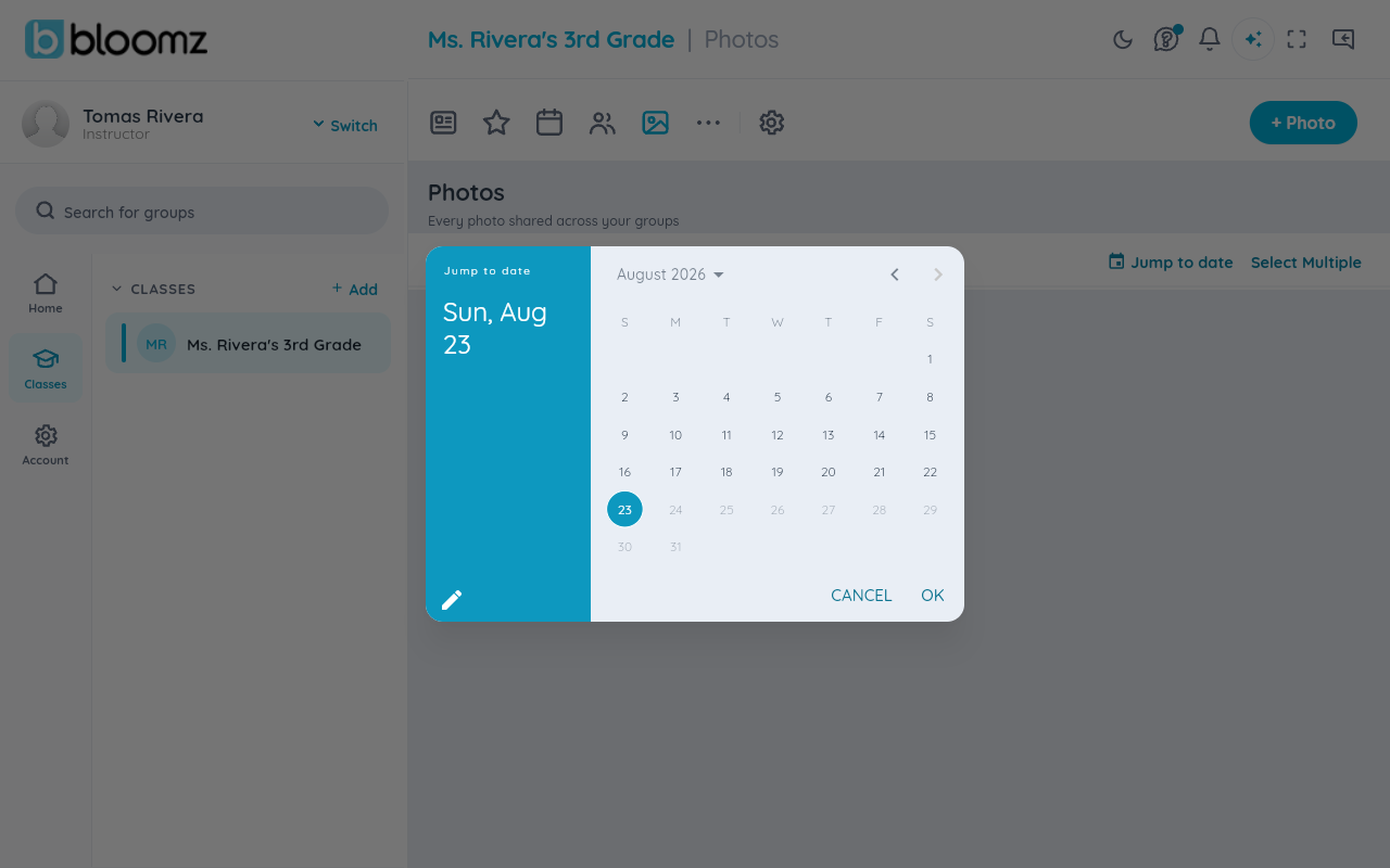 The Jump to date calendar — a plain month picker; days are not specially marked as having photos