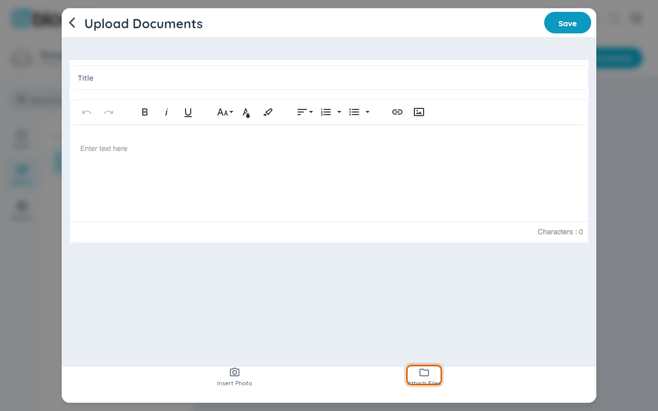 The Upload Documents screen with a Title field, description editor, and Insert Photo / Attach Files buttons
