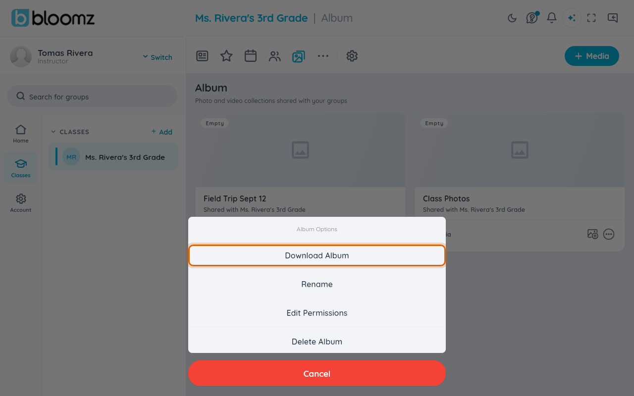 The Album Options menu with Download Album, Rename, Edit Permissions and Delete Album