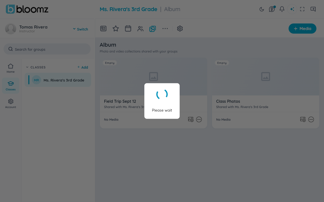 The "Please wait" progress overlay shown immediately after choosing Download Album