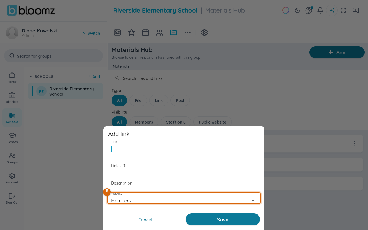 The Add link form with Title, Link URL, Description and the Visibility dropdown set to Members