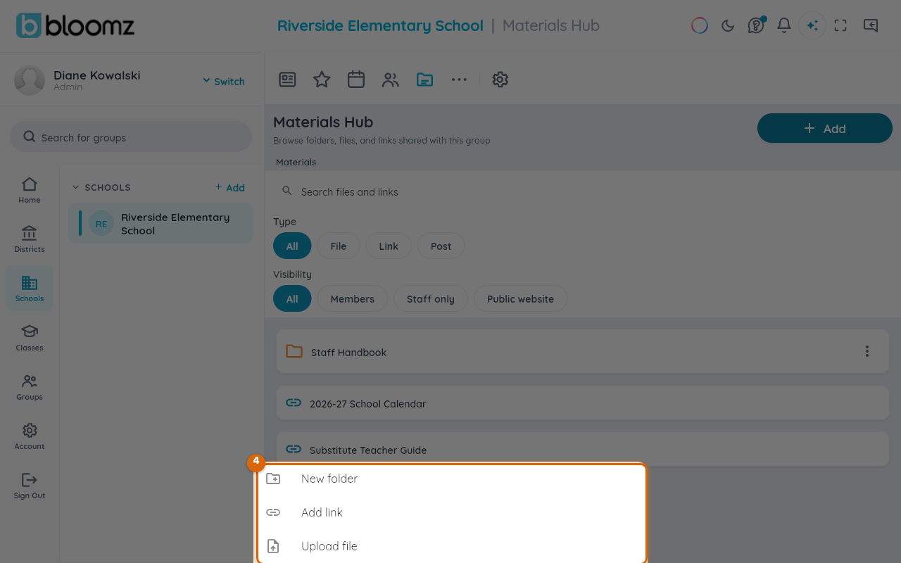 The Add menu with New folder, Add link and Upload file options