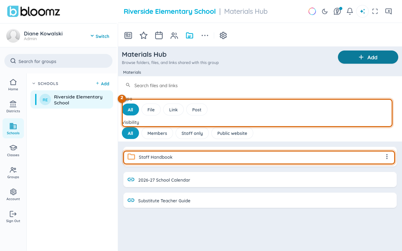 The Materials Hub root view with the Type and Visibility filters and a folder and two links marked