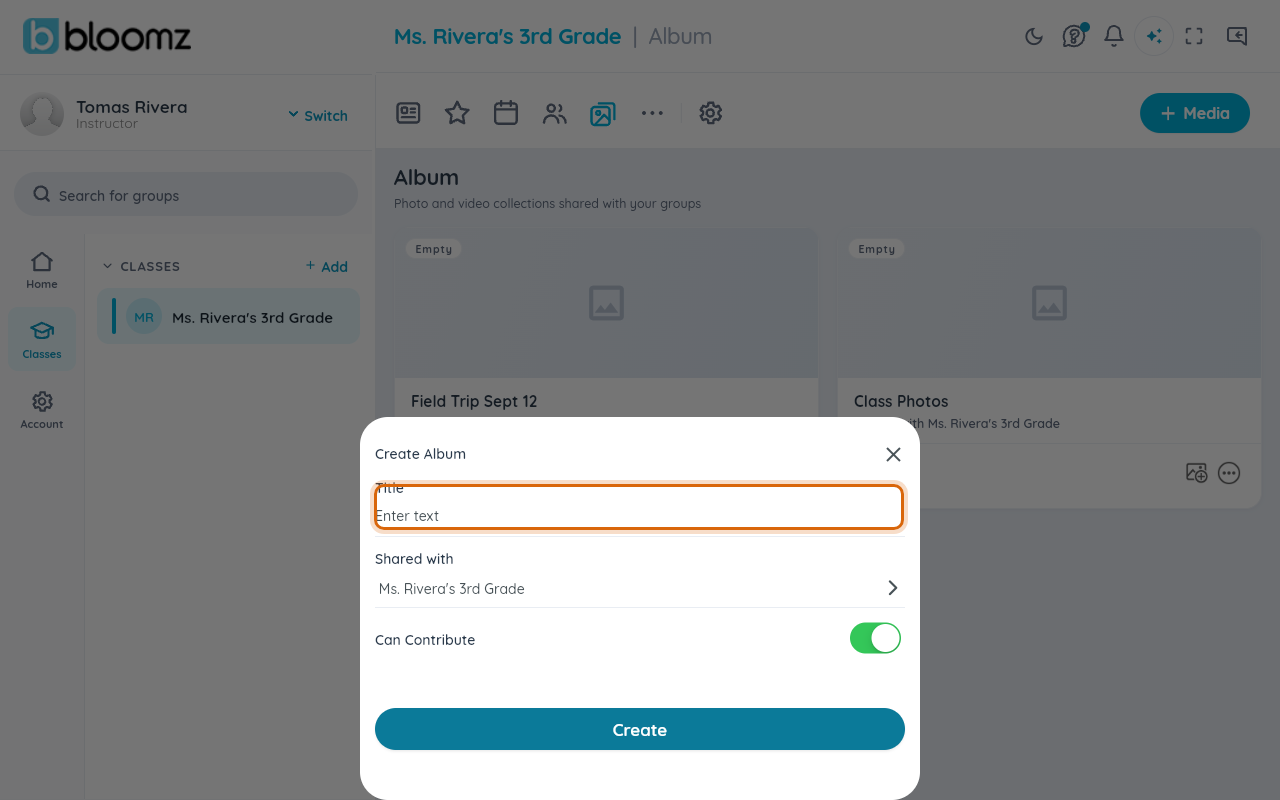 The Create Album dialog with a Title field, a Shared With row, and a Can Contribute toggle