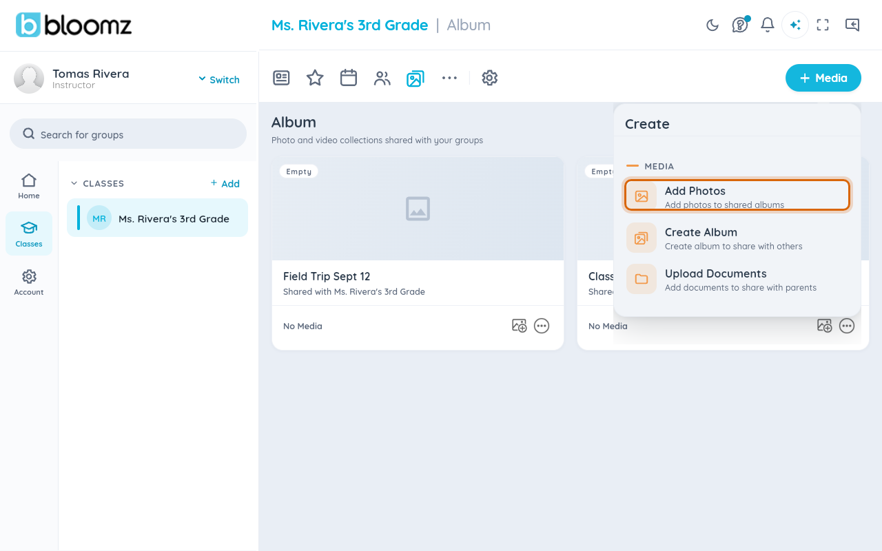 The Create menu open on the Album tab, with Add Photos, Create Album and Upload Documents options