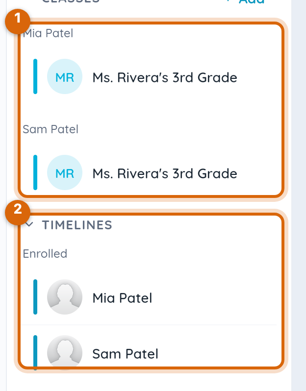 Close-up of a parent's sidebar showing classes listed under each child's name, and the Timelines section below