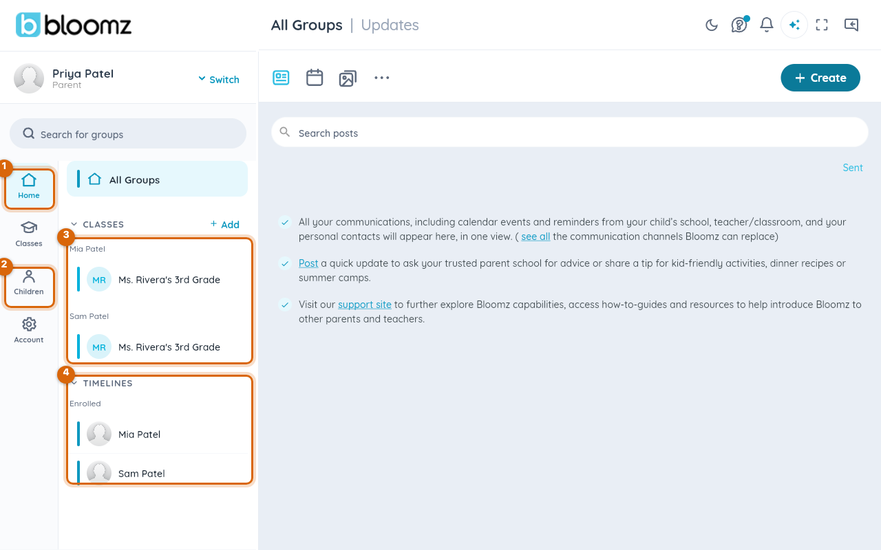 The Bloomz home screen for a parent, with the left rail, classes grouped by child, and the Timelines section marked