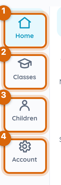 Close-up of the parent left rail: Home, Classes, Children and Account