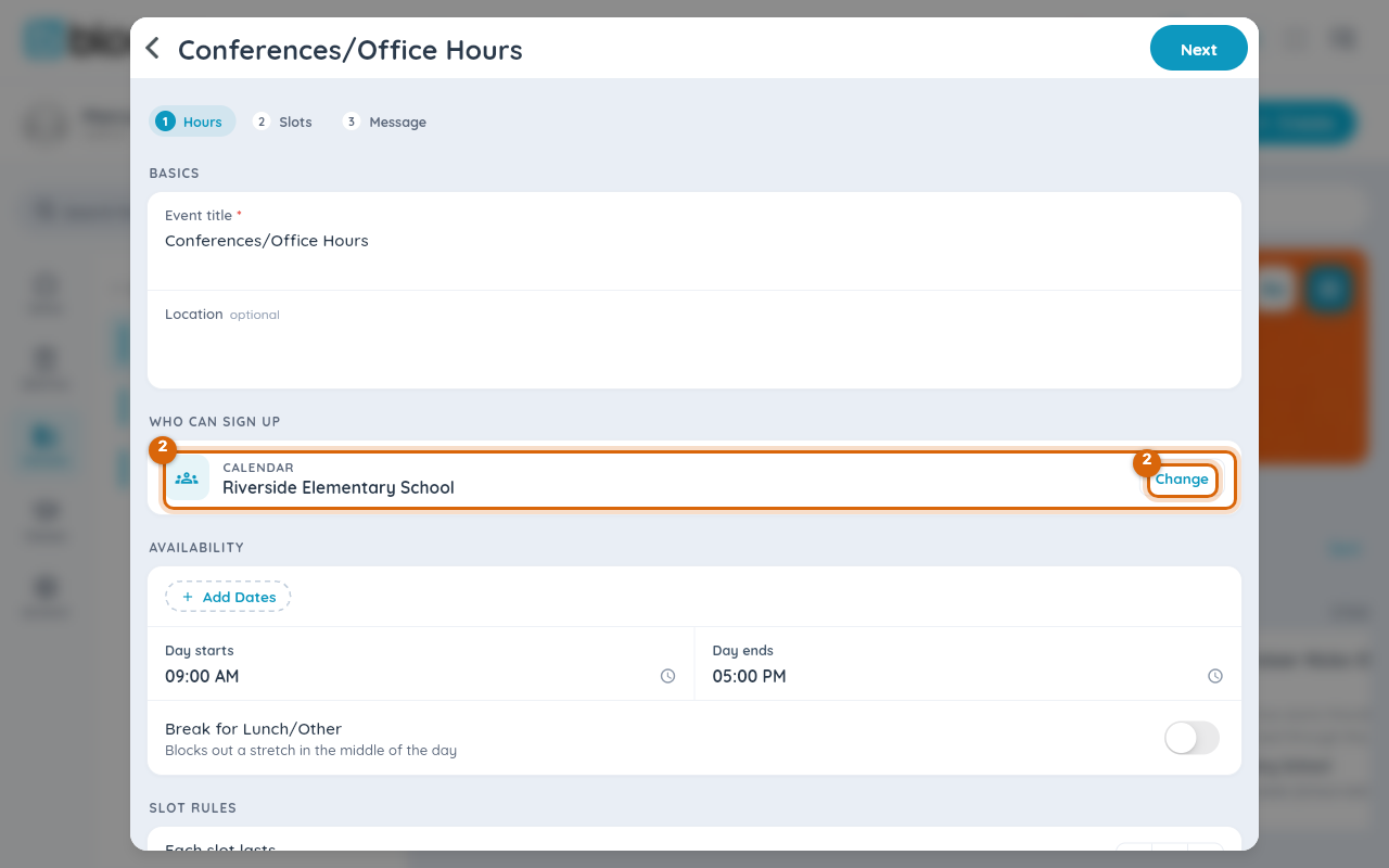 The Conferences/Office Hours Hours step with WHO CAN SIGN UP defaulting to the school and its Change button marked