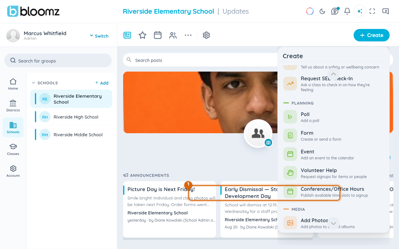 The school's Create menu scrolled to Planning, with Conferences/Office Hours marked